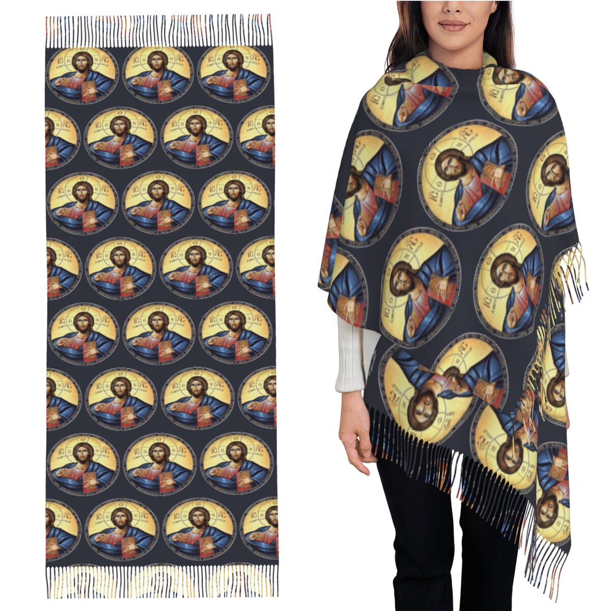 Women Fashion Icon - Cristo pantocrator ícone ortodoxo cachecol borla