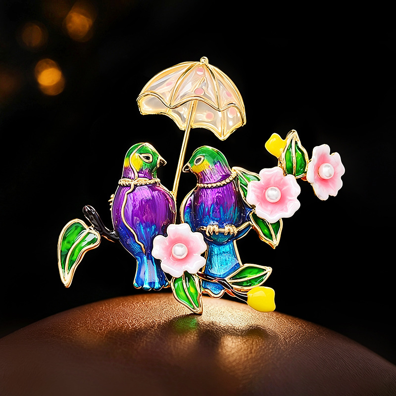 Women'S Fashion Umbrella - Broche Minimalista Esmaltado Colorido com Pássaros